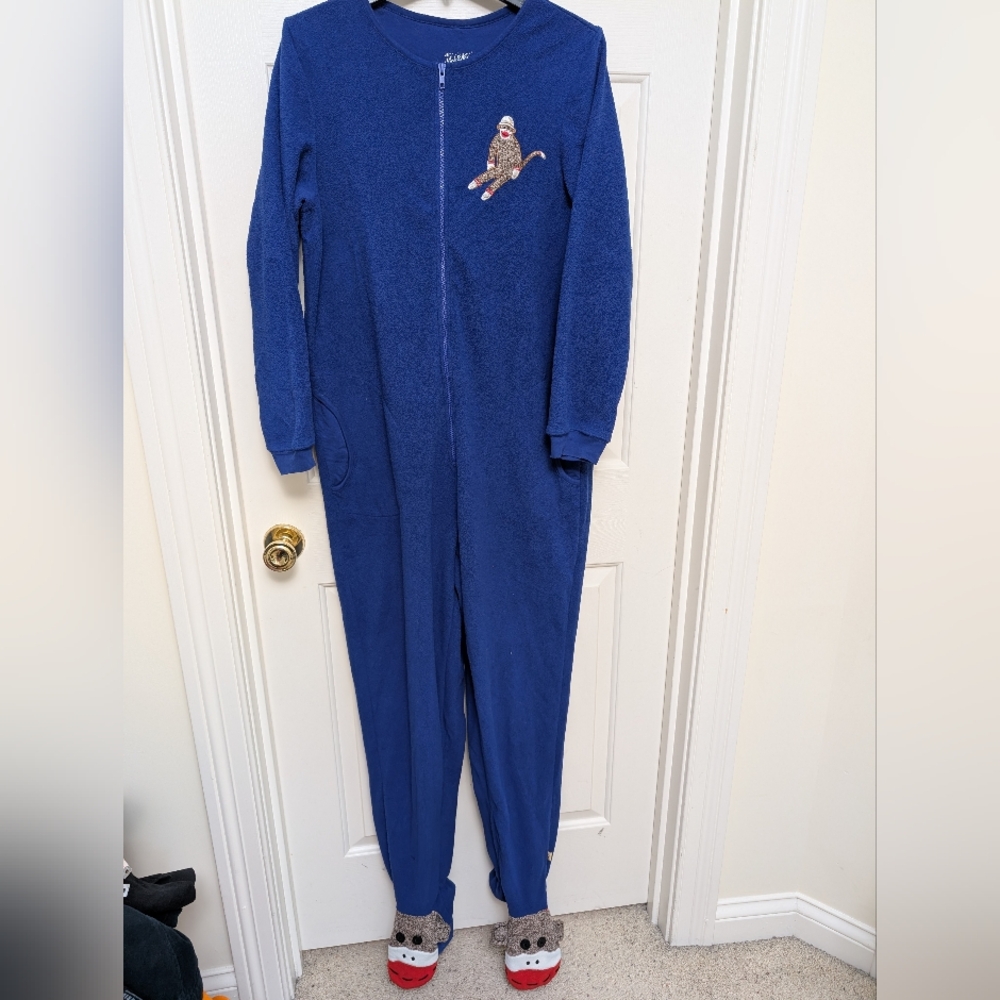 Nick & Nora Blue Footed Onesie with Sock Monkey Adult Sz M